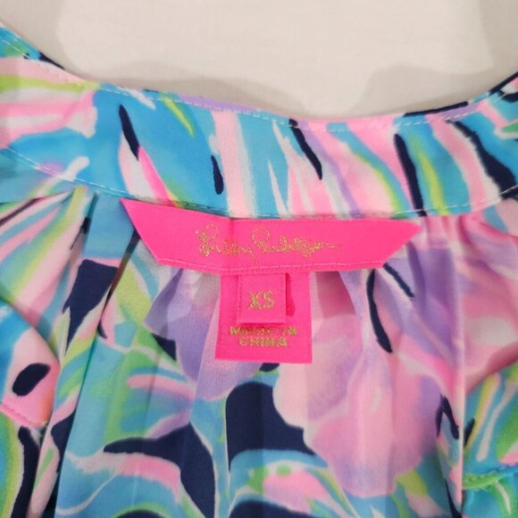 Lilly Pulitzer XS Floral Tropical LS Blouse Womens 100% Polyester Bright Pink Bl - Picture 3 of 7